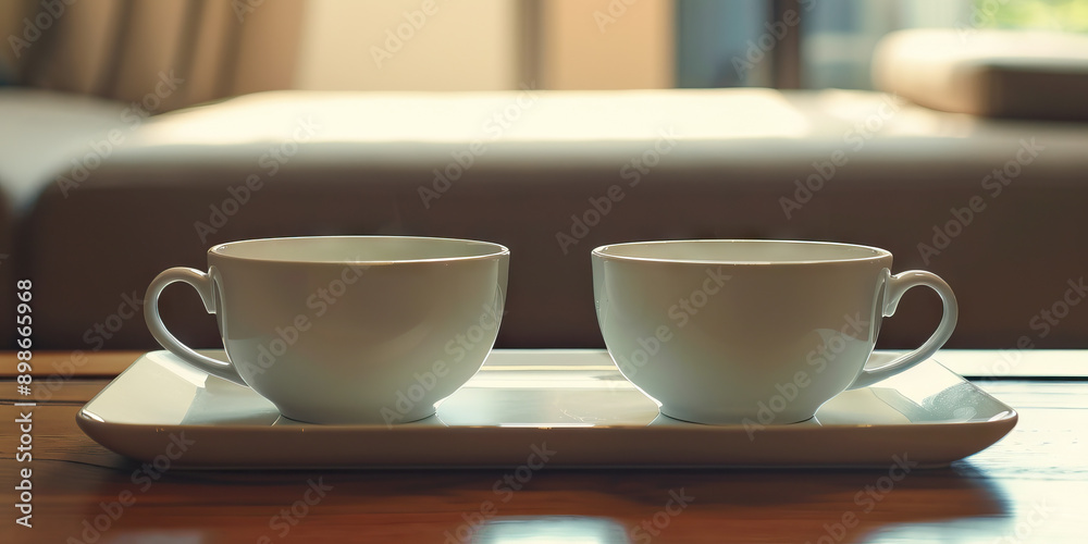A pair of matching white ceramic teacups, perfectly aligned on a tray atop a low coffee table. A pair of matching white ceramic teacups, perfectly aligned on a tray atop a low coffee table.