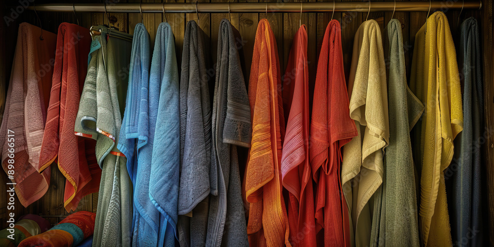 Fototapeta premium Tidy Tapestry of Harmony: A well-organized linen closet, showcasing a variety of colorful towels and bed sheets, hanging neatly on hooks.