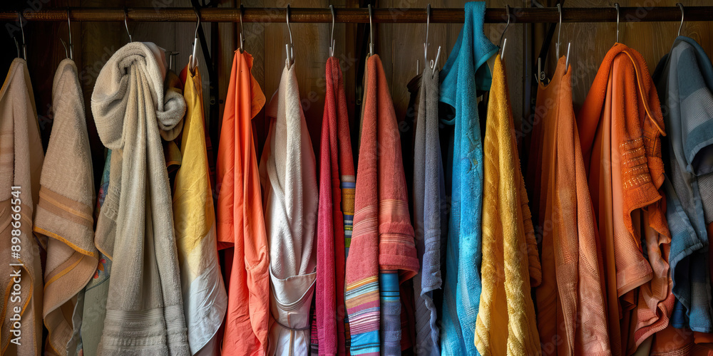 Tidy Tapestry of Harmony: A well-organized linen closet, showcasing a variety of colorful towels and bed sheets, hanging neatly on hooks. Tidy Tapestry of Harmony: A well-organized linen closet, showcasing a variety of colorful towels and bed sheets, hanging neatly on hooks.