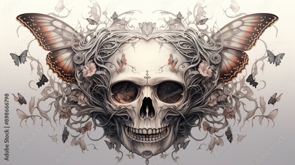 An ethereal drawing of a skull surrounded by delicate butterfly wings, blending macabre and beauty in a dream-like composition. An ethereal drawing of a skull surrounded by delicate butterfly wings, blending macabre and beauty in a dream-like composition.