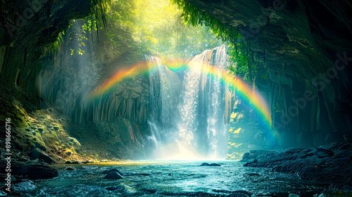 A magical scene of a secluded waterfall in a forest with a rainbow arch appearing in the sunlight, creating a picturesque and tranquil atmosphere.