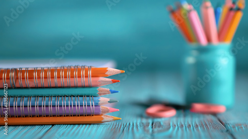 Colorful pencils on top of spiral notebooks with scissors in the background on a blue wooden table. photo