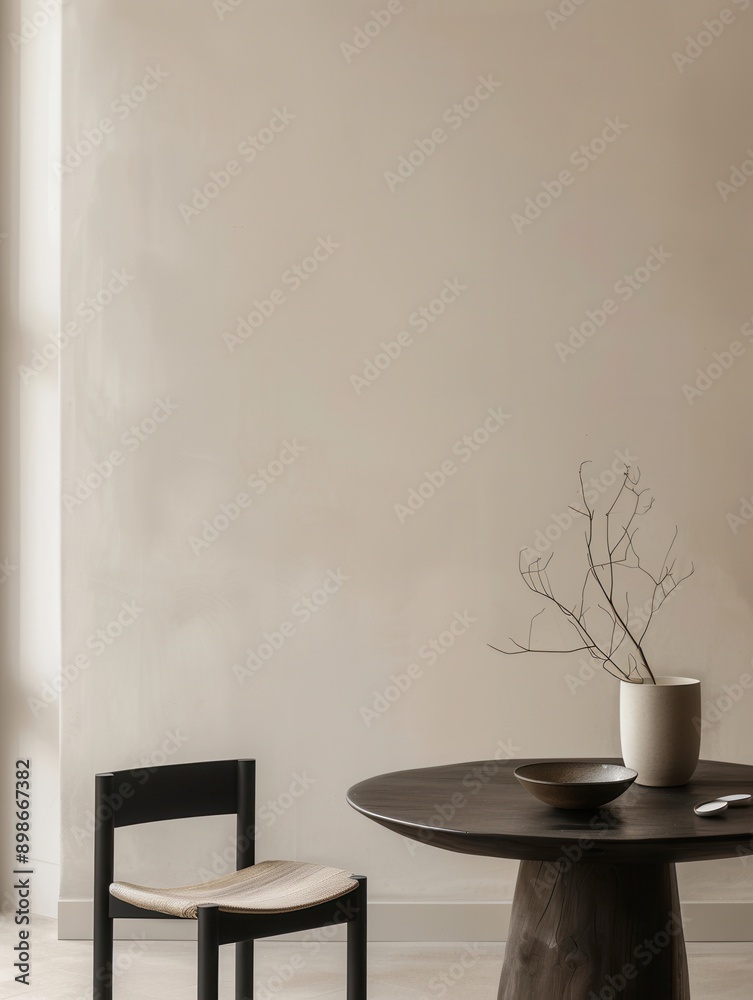 A round wooden table with a single chair sits against a minimalist backdrop. The table has a unique, natural wood base. Generative AI A round wooden table with a single chair sits against a minimalist backdrop. The table has a unique, natural wood base. Generative AI