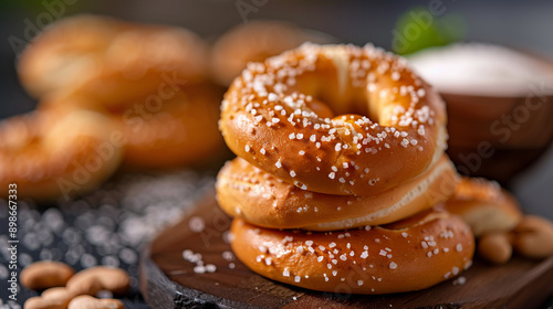 Freshly baked pretzels with sprinkled salt on top, stacked on a wooden board. Perfect snack for any occasion.