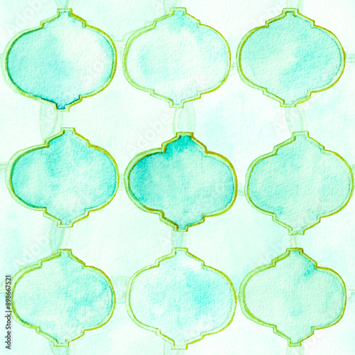 Quatrefoil Seamless Pattern. Green and Teal Arabic Damask Print. Geometric Morrocan Tile. Lattice Marrakesh Watercolor Design. Rhombus Majolica Background. Barbed Watercolour Trellis. photo