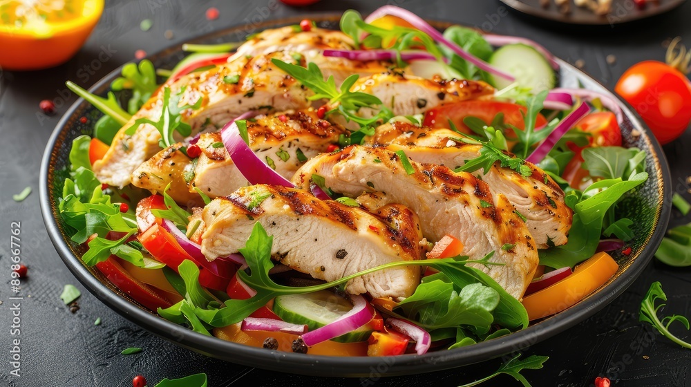 salad with baked chicken on a plate. Selective focus. salad with baked chicken on a plate. Selective focus.
