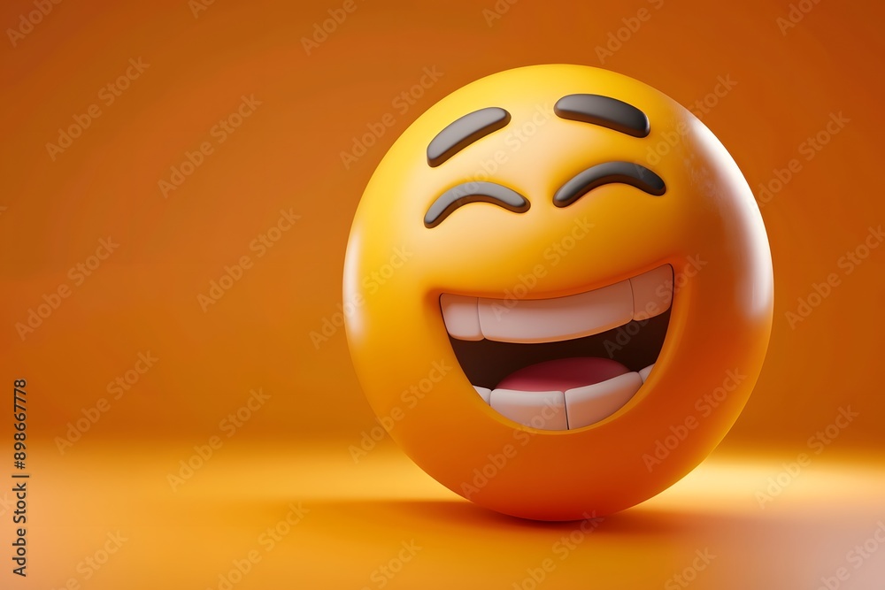 Fototapeta premium Bright yellow laughing emoji with a wide smile and closed eyes against an orange background.