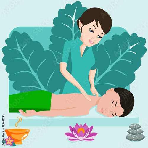 Swedish massage with professional massage therapis in spa. European and Asian ethnicity. Isolated flat vector illustration.