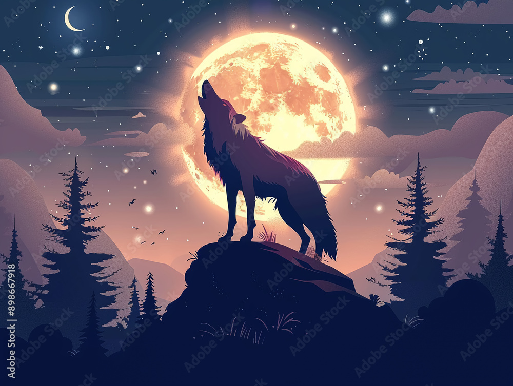 Majestic wolf howling at the moon, ethereal light, powerful presenceVector illustrations Majestic wolf howling at the moon, ethereal light, powerful presenceVector illustrations