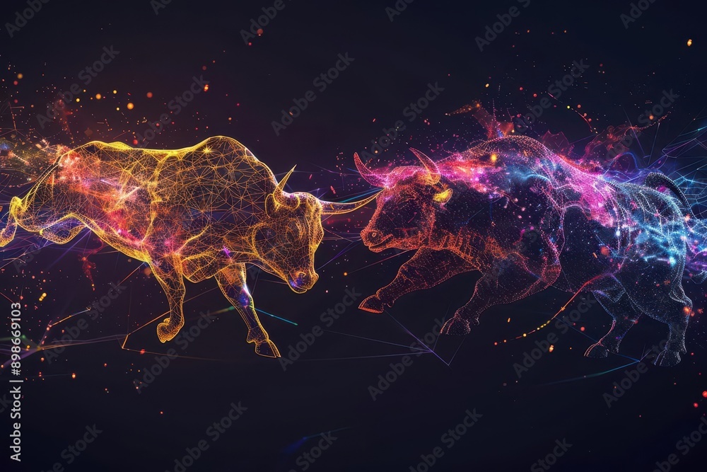 abstract digital artwork depicting a stylized bull and bear in dynamic poses representing stock market trends composed of glowing lines and particles on a dark background abstract digital artwork depicting a stylized bull and bear in dynamic poses representing stock market trends composed of glowing lines and particles on a dark background