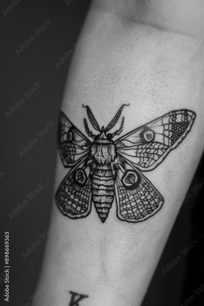A close-up image of a moth-inspired tattoo in black and white, perfect ...