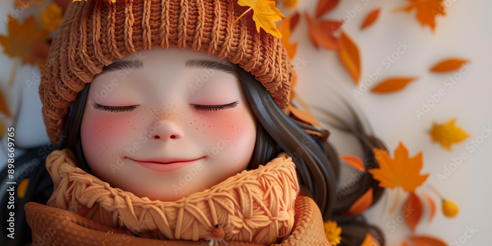 Smiling girl with eyes closed wearing a knit hat and scarf, surrounded by autumn leaves Smiling girl with eyes closed wearing a knit hat and scarf, surrounded by autumn leaves