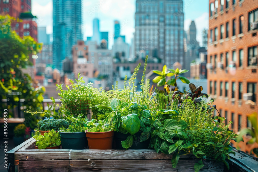 Rooftop garden in the city adorned with a variety of fresh, green plants and herbs, demonstrating an essence of urban sustainability and tranquility. Rooftop garden in the city adorned with a variety of fresh, green plants and herbs, demonstrating an essence of urban sustainability and tranquility.