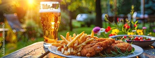 French fries, schnitzel and beer in nature. Selective focus.