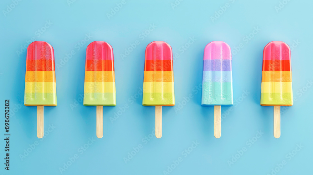 Five vibrant rainbow-colored popsicles arranged in a row on a blue background, symbolizing summer treats and simplicity with bright colors. Five vibrant rainbow-colored popsicles arranged in a row on a blue background, symbolizing summer treats and simplicity with bright colors.