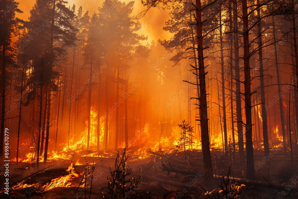forest fire due to high temperature, orange fire in background forest fire due to high temperature, orange fire in background