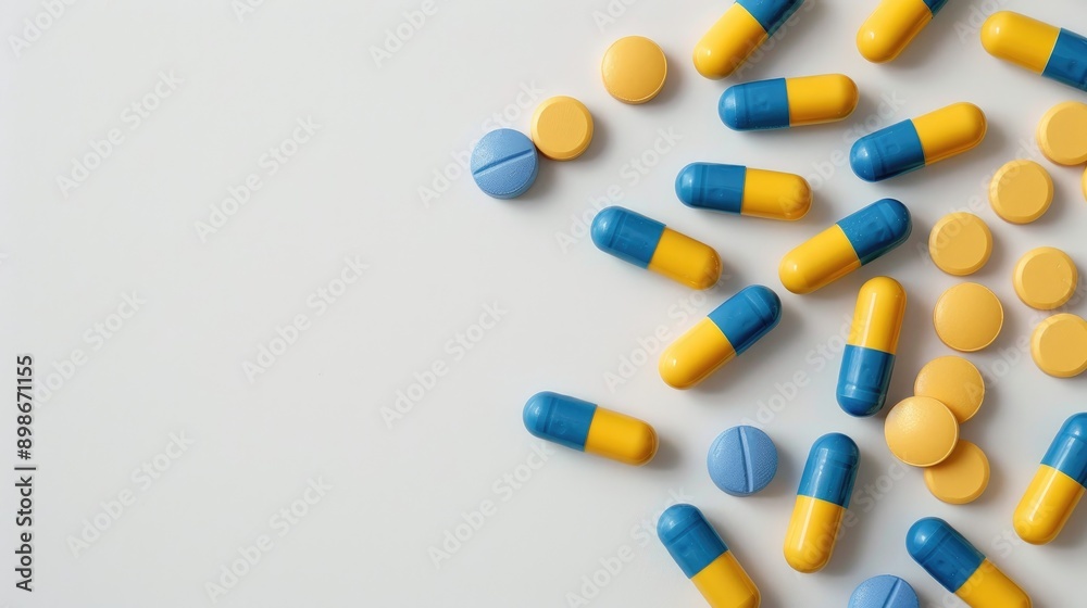 Yellow oval pills and blue capsules on white backdrop with room for text Yellow oval pills and blue capsules on white backdrop with room for text