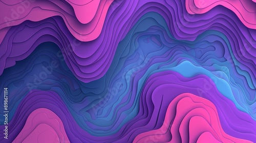 Minimalist wavy paper cut out art style with blue and purple abstract background