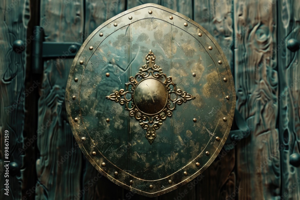 Naklejka premium A metal shield hangs on a wooden wall, ready for display or protection