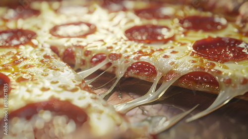 Fresh Diavola Italian pizza slice close-up with melted cheese photo