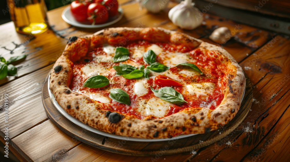 Authentic Italian pizza with fresh basil on old rustic wooden table background Authentic Italian pizza with fresh basil on old rustic wooden table background