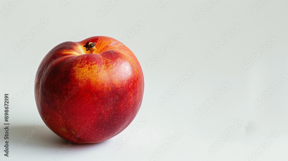 Close-up of a ripe nectarine with a smooth red and yellow peel against a white background. Perfect for healthy eating and organic food concepts.
