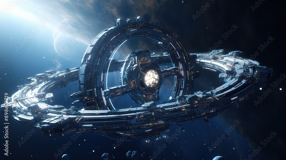 A dynamic image of a space station orbiting a distant exoplanet, with spacecrafts docking and the galaxy's starscape in the background. A dynamic image of a space station orbiting a distant exoplanet, with spacecrafts docking and the galaxy's starscape in the background.