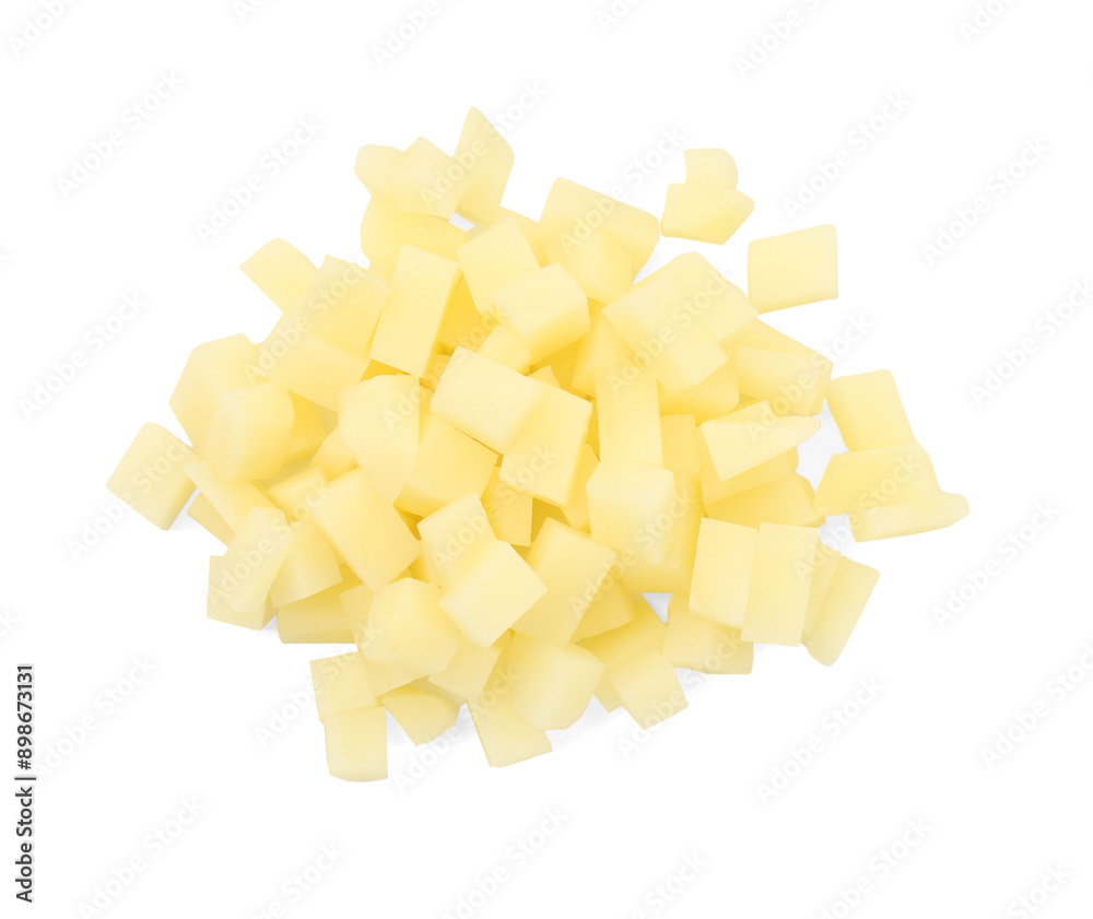 Pile of fresh cut potato isolated on white, top view Pile of fresh cut potato isolated on white, top view