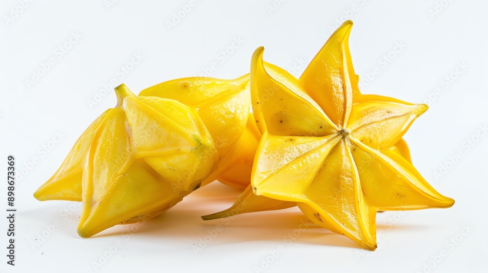 Close-up of fresh, ripe star fruits (carambola) with vibrant yellow color on a white background. Healthy tropical fruit ideal for culinary use. Close-up of fresh, ripe star fruits (carambola) with vibrant yellow color on a white background. Healthy tropical fruit ideal for culinary use.