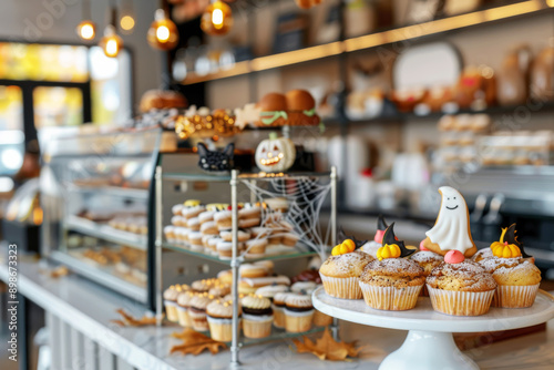 Halloween Treats Galore: Festive bakery counter brimming with spooky and delicious Halloween-themed cupcakes, cookies, and pastries.   © AI Visual Vault