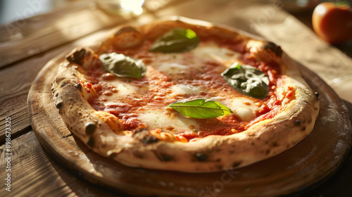 Authentic Italian pizza on old rustic wooden table top in kitchen view with ingredients in warm light