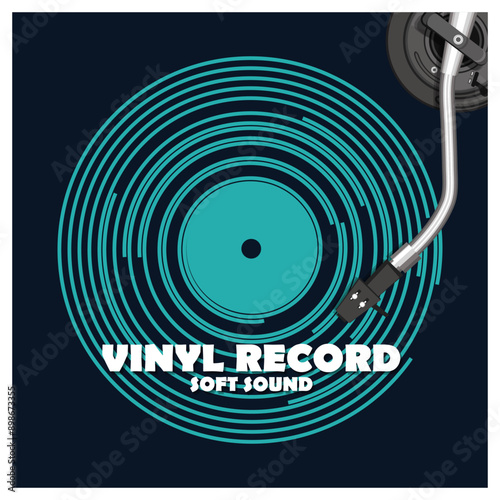 Stylized vinyl record with tonearm and inscription - Vinyl record, soft sound. Dark blue background. Vector illustration