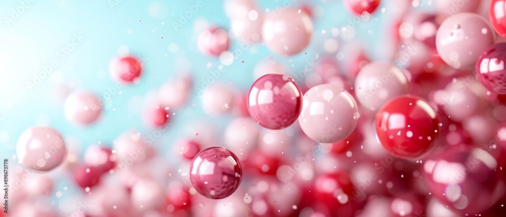 Red and white balloons float against a blue sky, accompanied by numerous pink and white ones drifting above Red and white balloons float against a blue sky, accompanied by numerous pink and white ones drifting above