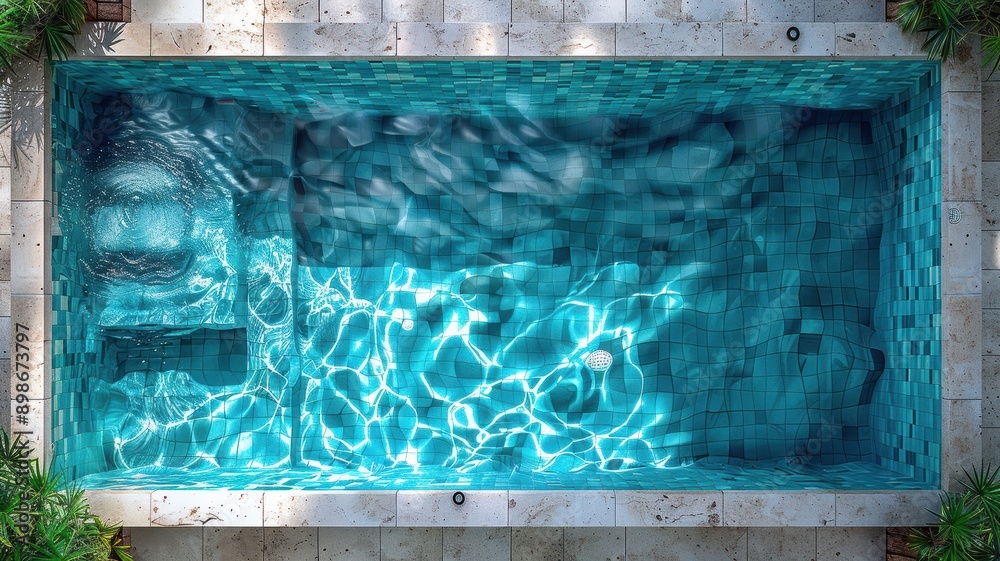 Aerial View of a Modern Swimming Pool with Clear Blue Water and Sunlight Reflections Surrounded by Stone Tiles and Greenery Aerial View of a Modern Swimming Pool with Clear Blue Water and Sunlight Reflections Surrounded by Stone Tiles and Greenery