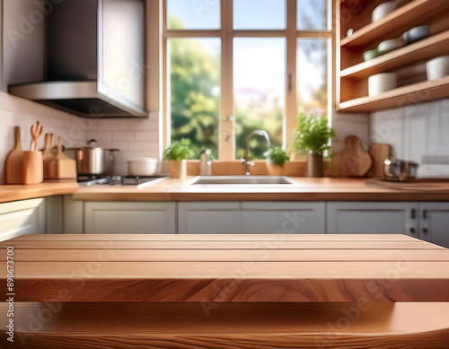  Wooden Kitchen Podium- A wooden podium set in a kitchen background, perfect for food produc_1(462)