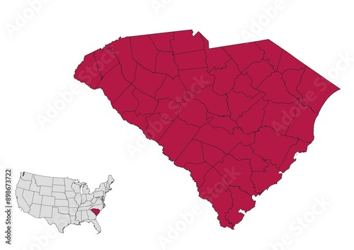 Obraz na płótnie South Carolina County Map. USA w salonie