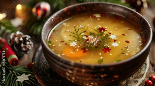 A warm bowl of festive soup garnished with colorful spices and holiday decorations, perfect for winter celebrations.