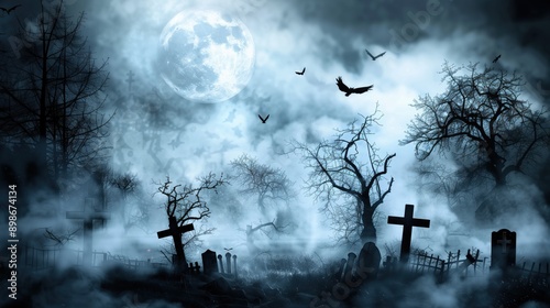 A Halloween background showing an old graveyard covered by white fog with a full moon in the background