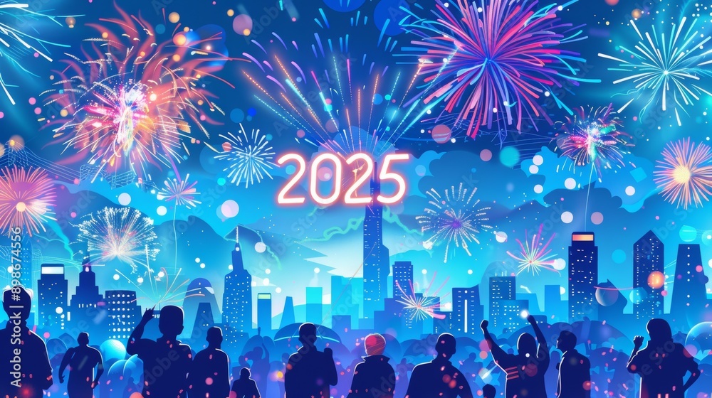 night sky with fireworks and new year 2025 numbers in a big city night sky with fireworks and new year 2025 numbers in a big city