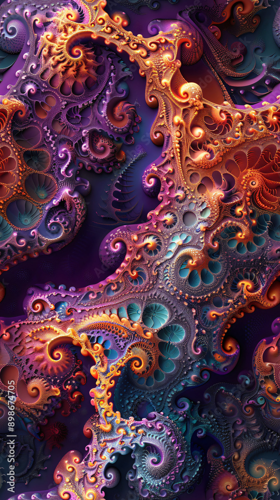 Complex fractal design creating a seamless pattern of intricate and colorful shapes Complex fractal design creating a seamless pattern of intricate and colorful shapes