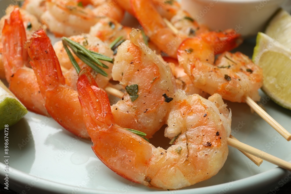 Skewers with delicious grilled shrimps served on plate, closeup Skewers with delicious grilled shrimps served on plate, closeup