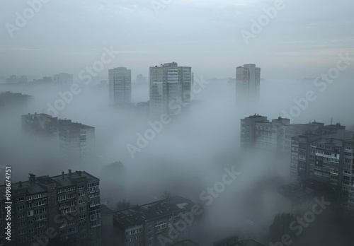 A city skyline shrouded in thick smog, with buildings barely visible through the haze