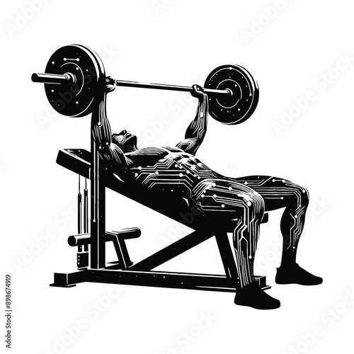 Bench press, weight lifting   male player in celtic knot pattern illustration, emblem shield badge