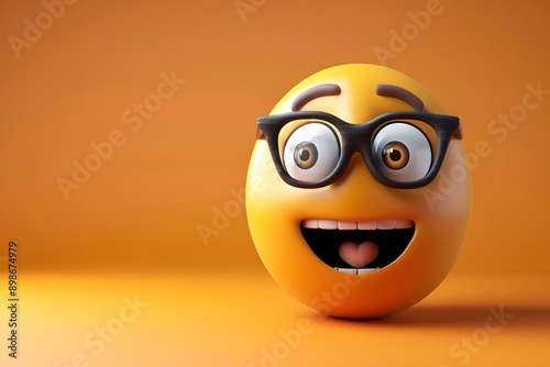 Yellow emoji with glasses showing excitement on orange background, ideal for joy and enthusiasm. photo