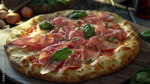 Rustic Prosciutto Pizza with Fresh Basil Leaves on Wooden Board with Warm Lighting