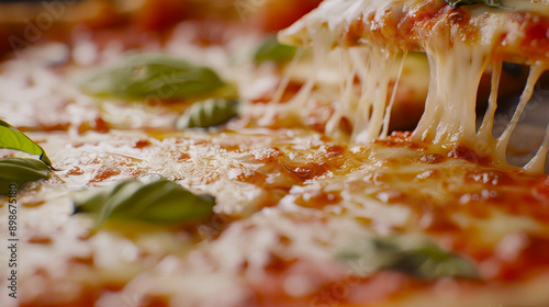 Close-Up of Neapolitan Pizza with Basil and Gooey Cheese Pull