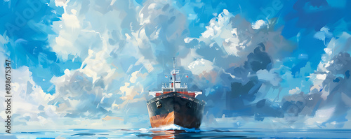 illustration front view Cargo Ship Sails Towards a Blue Sky With White Clouds simple.