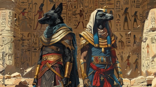 Anubis and horus standing in ancient egyptian ruins with hieroglyphics on the walls