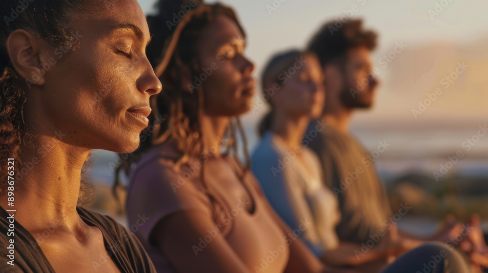 Obraz premium Group Meditation at Sunset with Diverse Individuals in Peaceful Reflection 