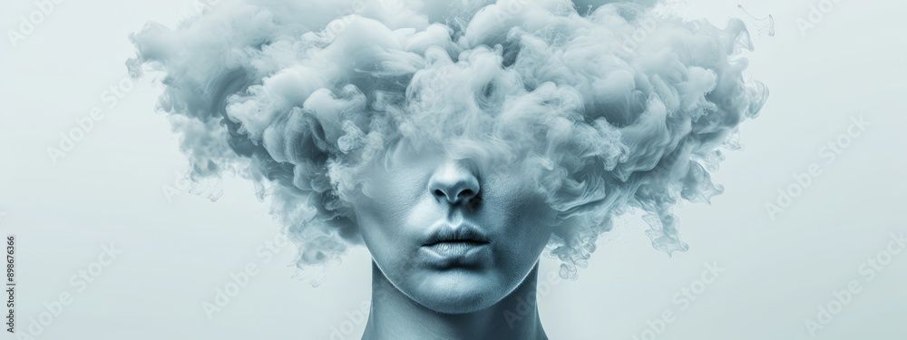 Fototapeta premium A woman's face with smoke emerging from a head-mounted cigarette